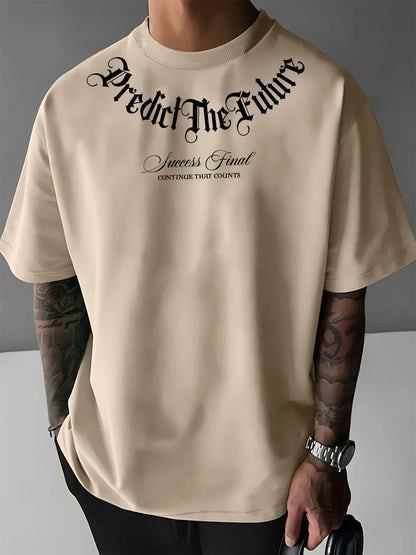 Summer men's 100% cotton comfortable casual wide plus size prediction for future letter printed round neck short sleeved T-shirt