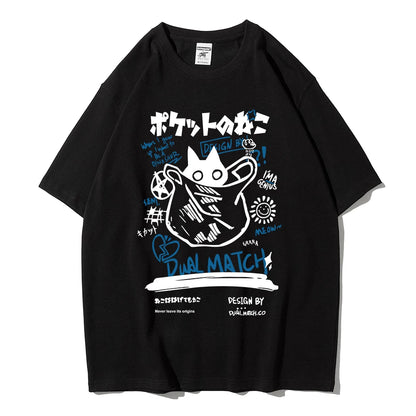 Men Women Cartoon T-Shirts Summer Harajuku Kawaii Cat Printed Short Sleeve Tees Couple Streetwear Loose Clothes Y2K Tops