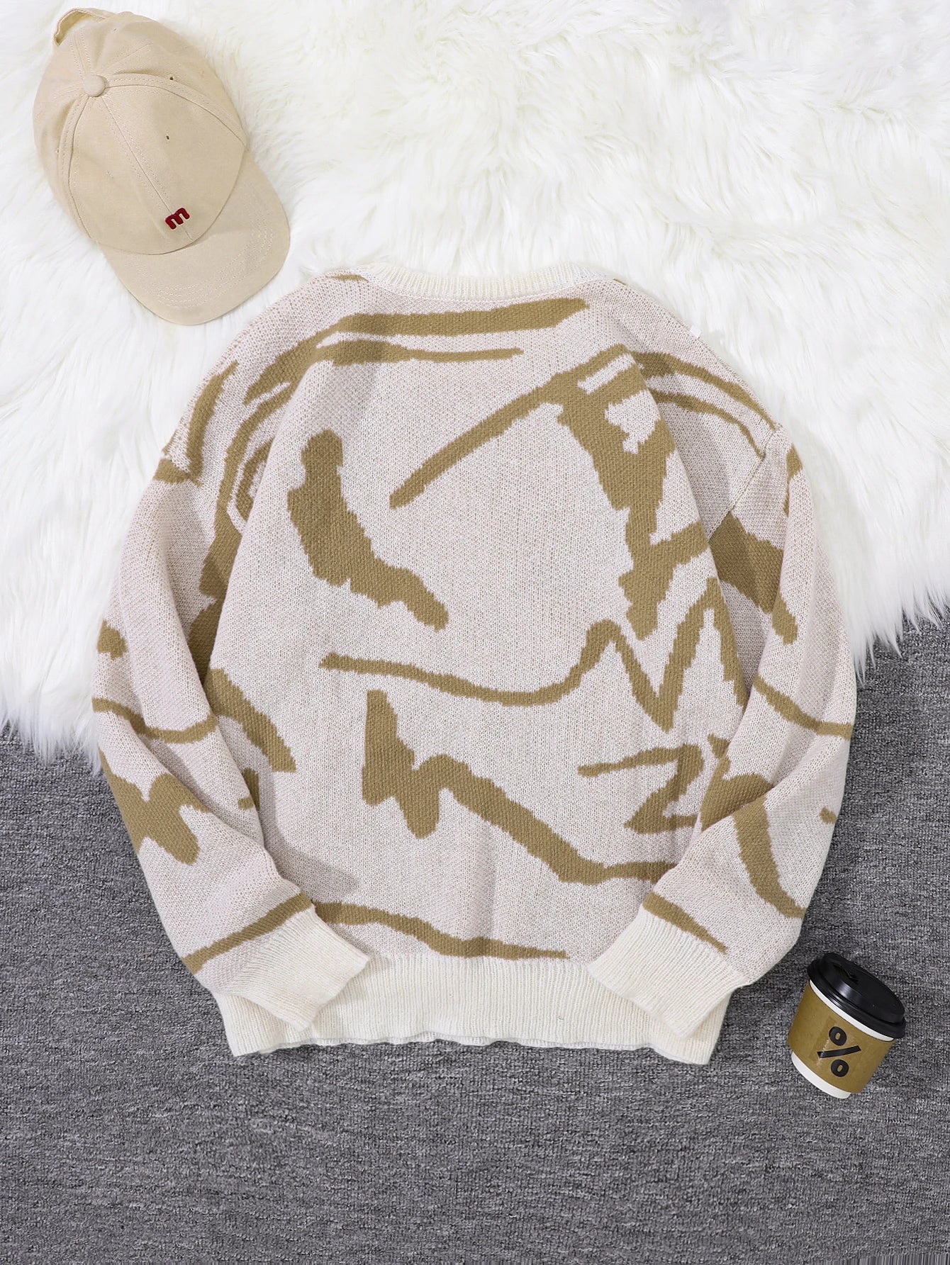 Spring Autumn Graffiti Jacquard Pattern Pullover Sweater Casual Round Neck Contrast Color Knitted Pullover