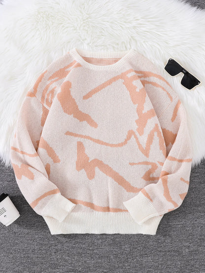 Spring Autumn Graffiti Jacquard Pattern Pullover Sweater Casual Round Neck Contrast Color Knitted Pullover