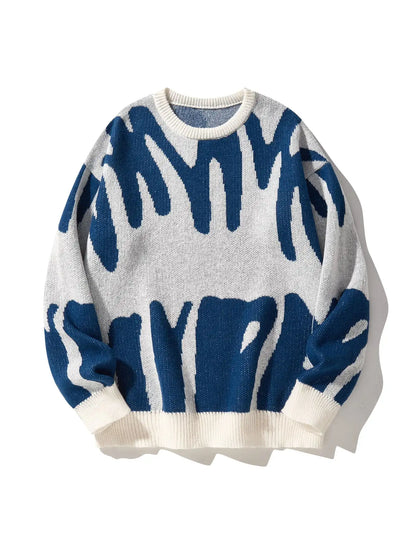 Autumn Winter Irregular Jacquard Pattern Pullover Sweater Casual Round Neck Contrast Color Knitted Pullover