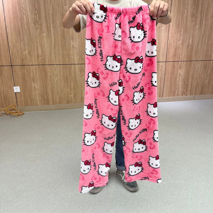 Sanrio Hello Kitty Pajamas Halloween Flannel Fashion Trouserswomen Kawaii Woolen Casual Home Pants Autumn