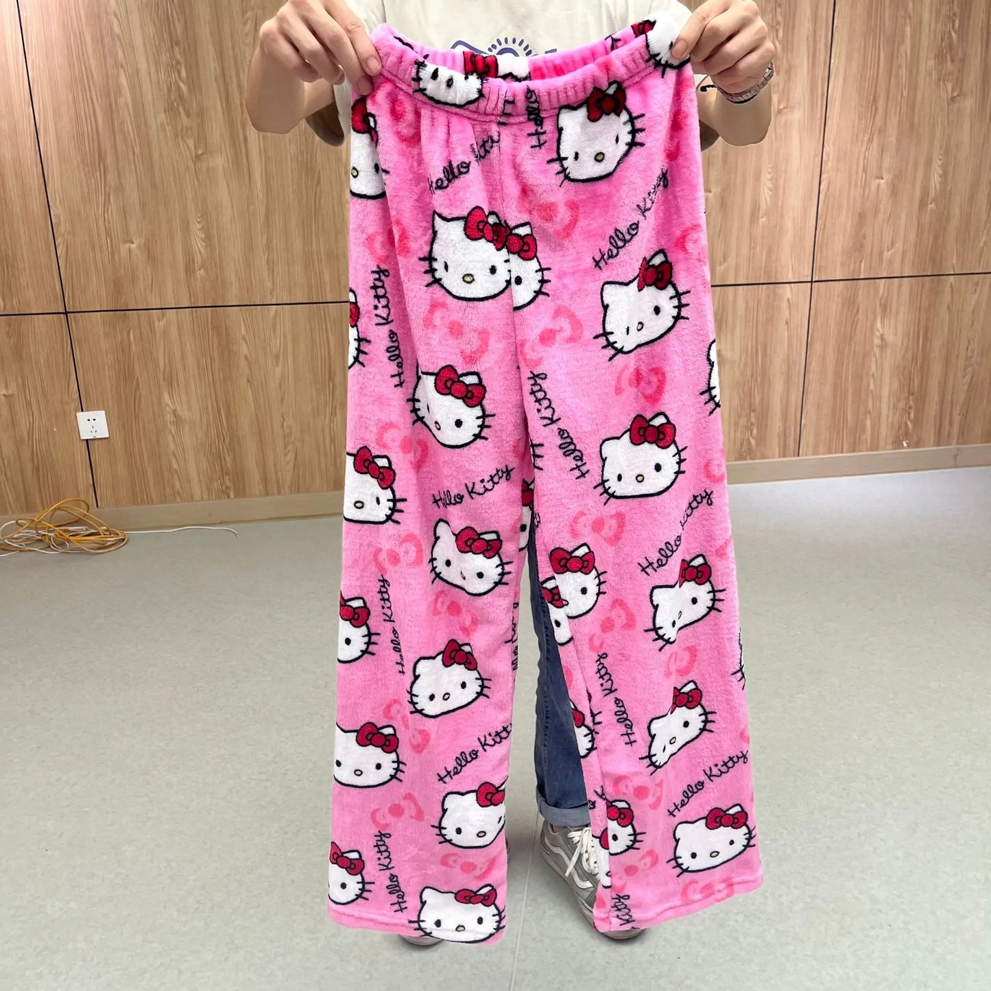 Sanrio Hello Kitty Pajamas Halloween Flannel Fashion Trouserswomen Kawaii Woolen Casual Home Pants Autumn