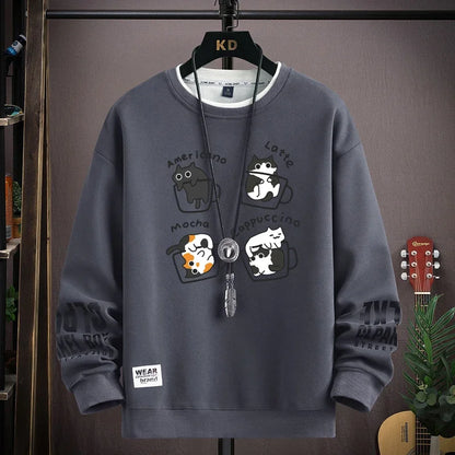 Spring Men's Sweatshirt Japan Cartoon Cats Printed Long Sleeve T-shirt Fashion Men's Clothing Khaki O Neck Harajuku Top