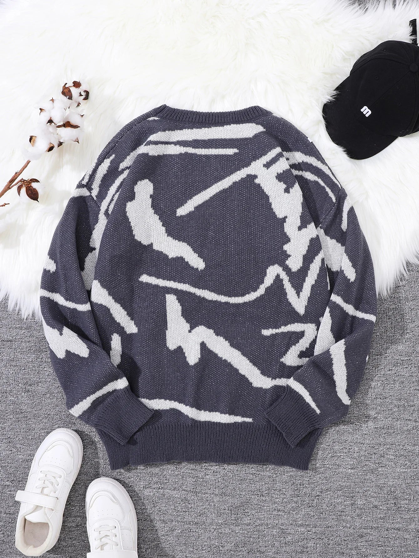 Spring Autumn Graffiti Jacquard Pattern Pullover Sweater Casual Round Neck Contrast Color Knitted Pullover
