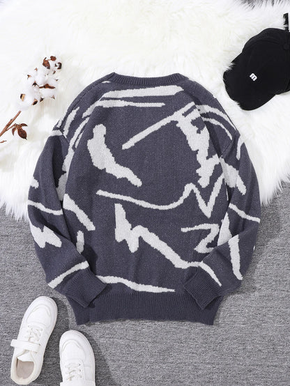 Spring Autumn Graffiti Jacquard Pattern Pullover Sweater Casual Round Neck Contrast Color Knitted Pullover