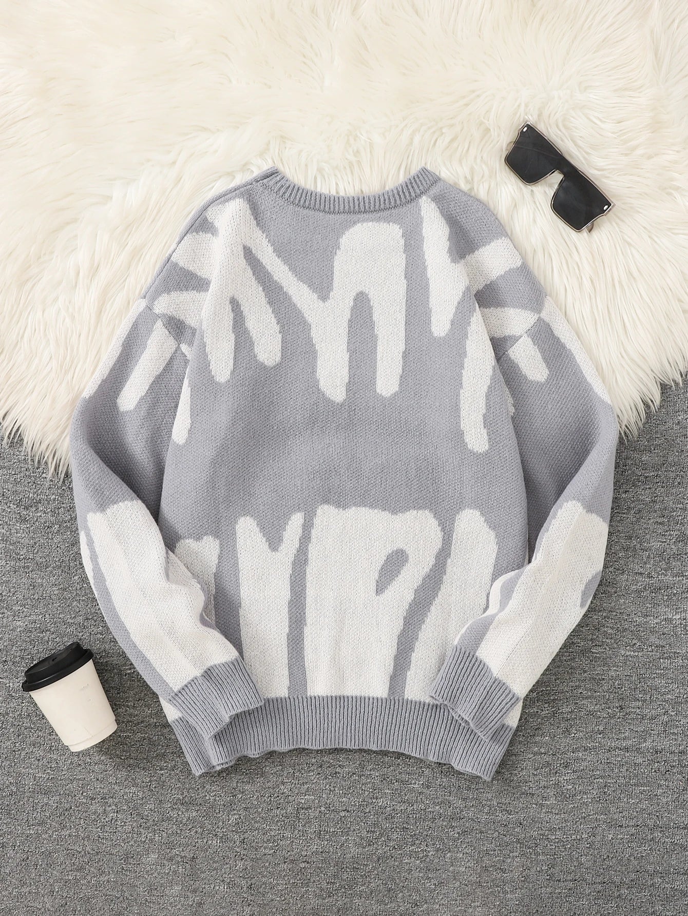 Autumn Winter Irregular Jacquard Pattern Pullover Sweater Casual Round Neck Contrast Color Knitted Pullover