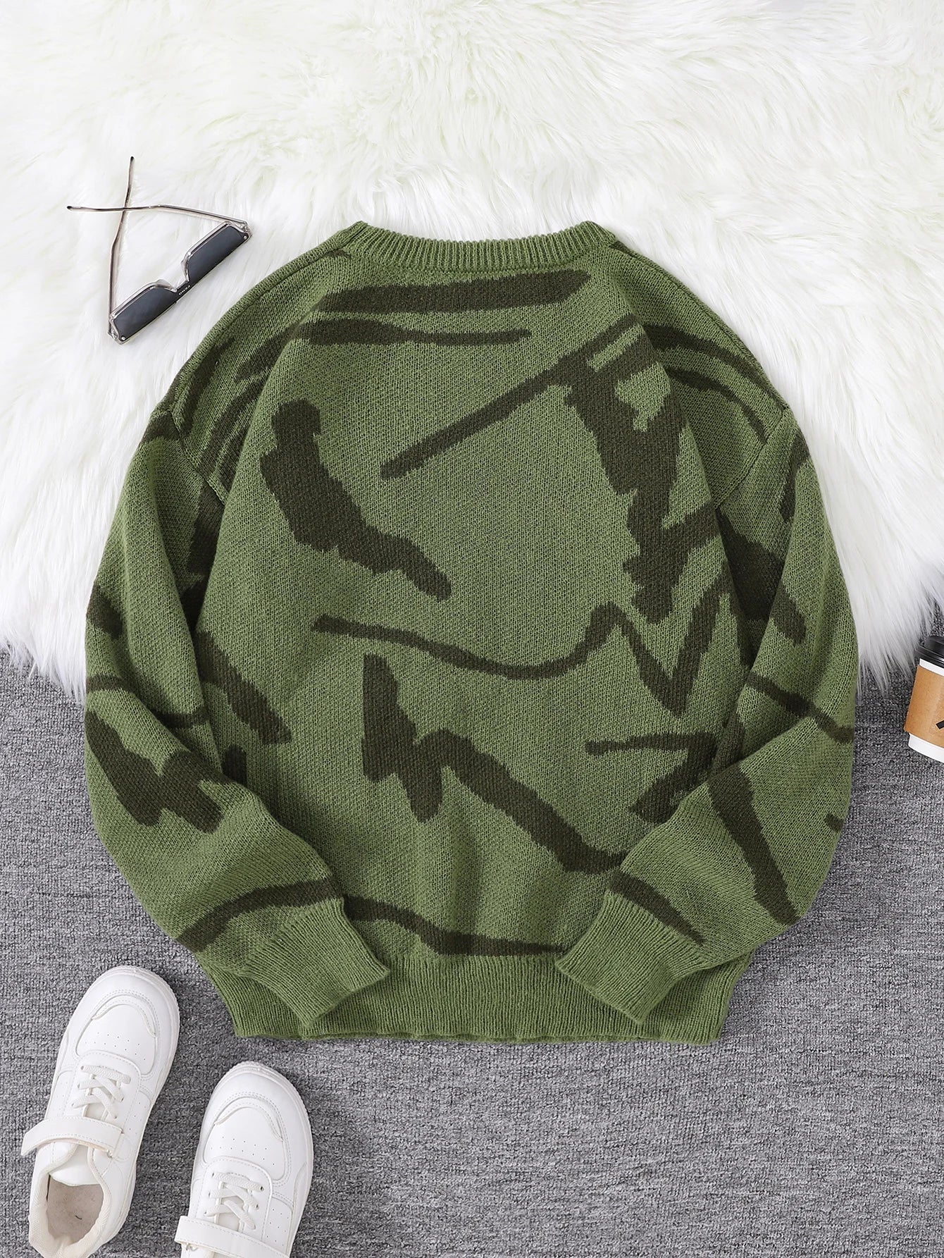 Spring Autumn Graffiti Jacquard Pattern Pullover Sweater Casual Round Neck Contrast Color Knitted Pullover