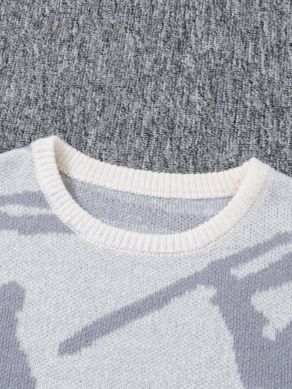 Spring Autumn Graffiti Jacquard Pattern Pullover Sweater Casual Round Neck Contrast Color Knitted Pullover