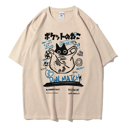 Men Women Cartoon T-Shirts Summer Harajuku Kawaii Cat Printed Short Sleeve Tees Couple Streetwear Loose Clothes Y2K Tops