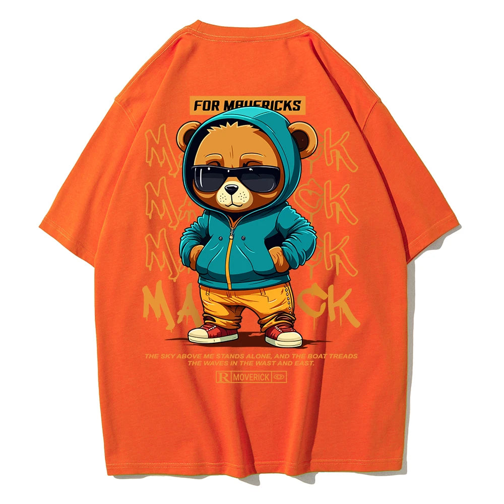 Cotton Fashion Bear Pattern Printed Men's T Shirt Round Neck Loose Tops Breathable Comfortable Casual Oversized Women Clothing