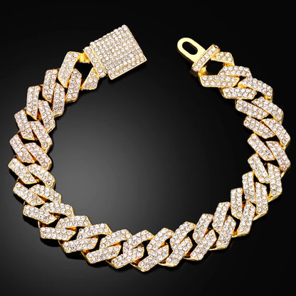 7/8/9inch 14MM Cuban Link Chain Bracelets Women Men Rhinestone Paved Prong Cuban Chain Bracelet Wristband Hip Hop Jewelry