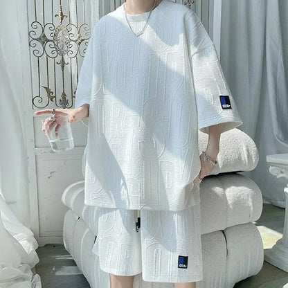 3D new Waffle TZ30 Summer Suit  Casual T-shirt + Shorts Suit Tracksuit Solid color tracksuit loose suit