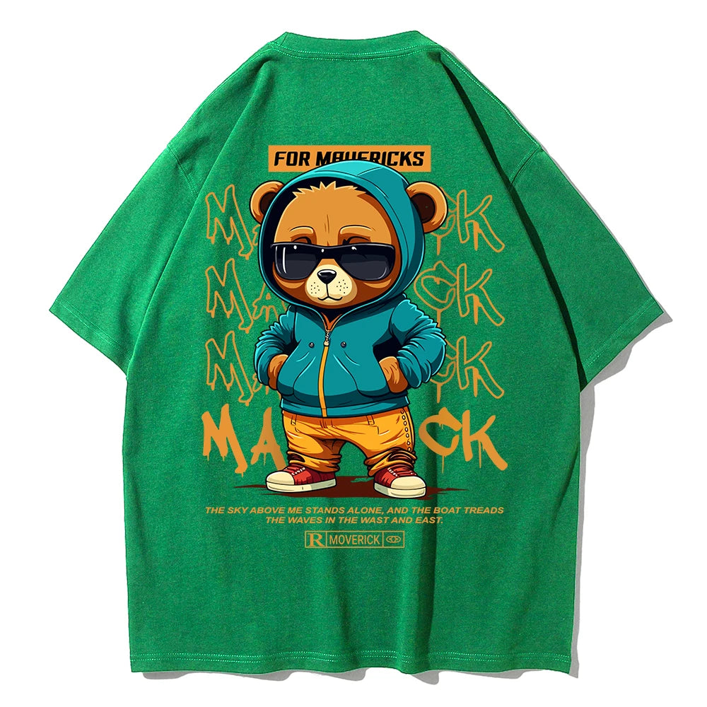 Cotton Fashion Bear Pattern Printed Men's T Shirt Round Neck Loose Tops Breathable Comfortable Casual Oversized Women Clothing