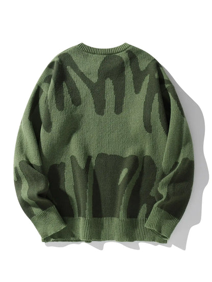 Autumn Winter Irregular Jacquard Pattern Pullover Sweater Casual Round Neck Contrast Color Knitted Pullover