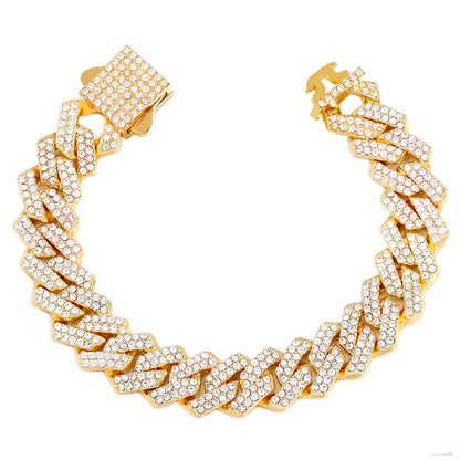 7/8/9inch 14MM Cuban Link Chain Bracelets Women Men Rhinestone Paved Prong Cuban Chain Bracelet Wristband Hip Hop Jewelry