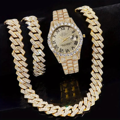 3pcs Necklace+Bracelet+Watch Cuban Chain Watch for Men Hip Hop Miami Curb Iced Out Paved Rhinestone Rapper Cuban men Jewelry set