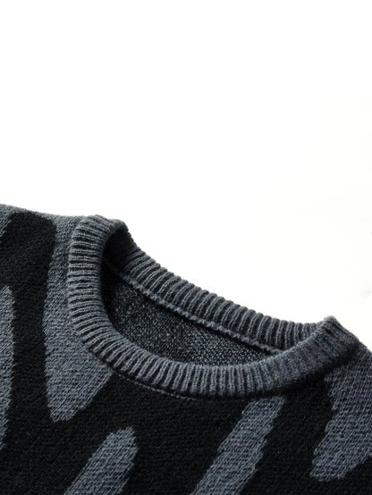 Autumn Winter Irregular Jacquard Pattern Pullover Sweater Casual Round Neck Contrast Color Knitted Pullover