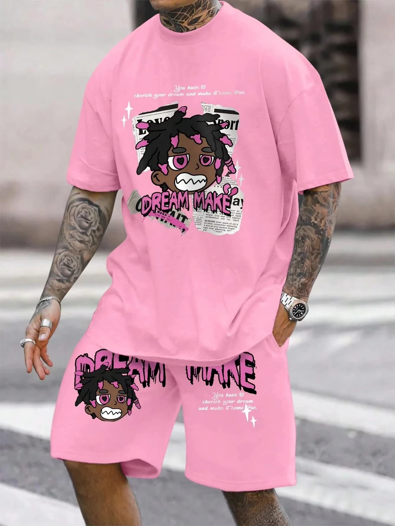 Men's round neck casual summer T-shirt, printed with cartoon characters and letter patterns, lightweight and breathable short sl