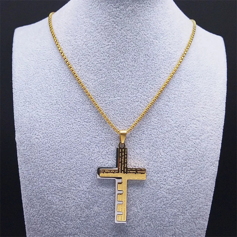 Cross Christian Church Prayer Necklace Men Stainless Steel Gold Color Bible Amulet Necklaces Jewelry colar masculino N2005S02