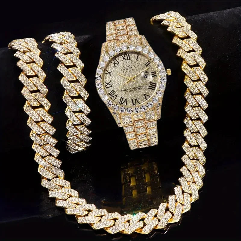 3pcs Necklace+Bracelet+Watch Cuban Chain Watch for Men Hip Hop Miami Curb Iced Out Paved Rhinestone Rapper Cuban men Jewelry set