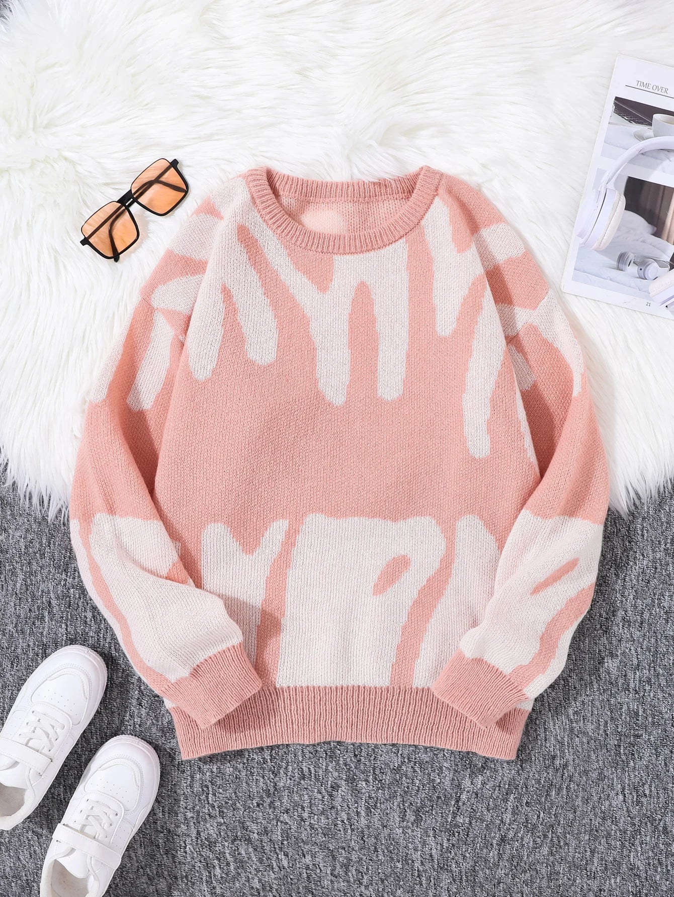 Autumn Winter Irregular Jacquard Pattern Pullover Sweater Casual Round Neck Contrast Color Knitted Pullover