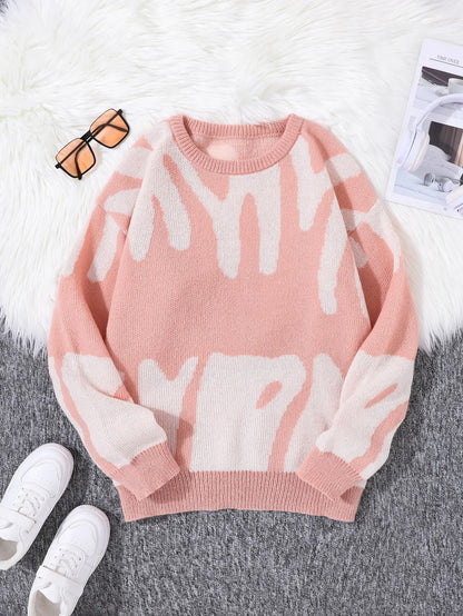 Autumn Winter Irregular Jacquard Pattern Pullover Sweater Casual Round Neck Contrast Color Knitted Pullover